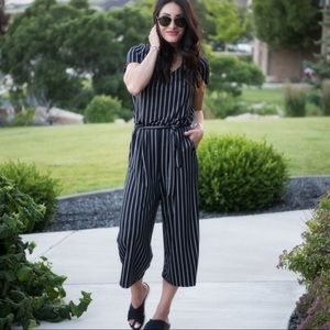 Stripe belted jumpsuit romper